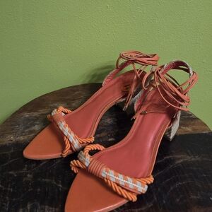 Jessica Simpson Prim Ankle Wrap Sandals.Coral and Beige Braided Sandals
